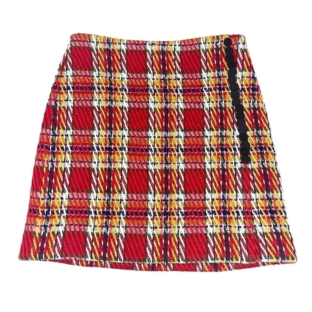 Adam Lippes Collective Red & Yellow Plaid Woven Knit Mini Skirt US S